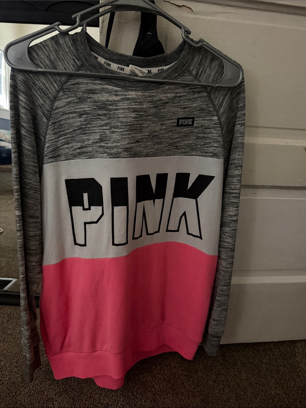 PINK Victoria's Secret Gray White Pink Colorblock Pullover Sweater
